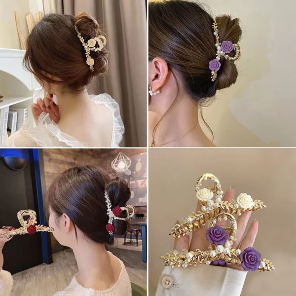 French Romantic Rose Flower Clip Pearl Hair Retro Elegant Large Size