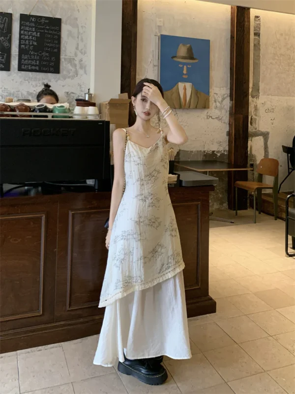Floral Print Beige Long Dress