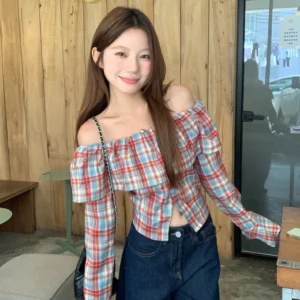 Off Shoulder Grid Long Sleeve Top