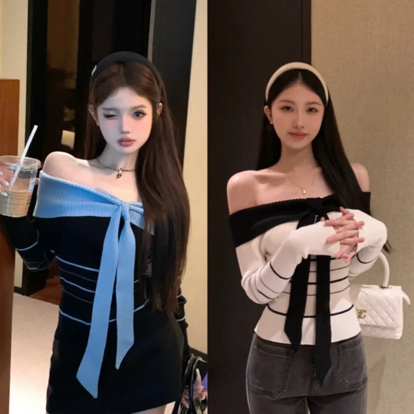 Off Shoulder Knitted Long Sleeve Top