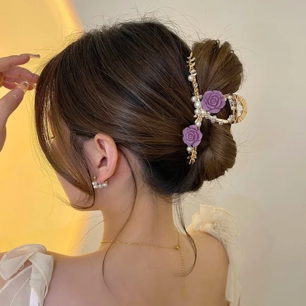 French Romantic Rose Flower Clip Pearl Hair Retro Elegant Large Size