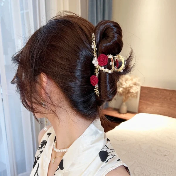 French Romantic Rose Flower Clip Pearl Hair Retro Elegant Large Size