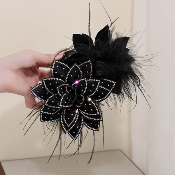 Brocade Autumn Winter New Style Flash Diamond Flower Shark Clip Super Fairy Feather Clip Back Head Princess Hair Clip