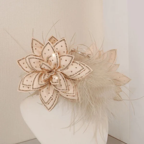 Brocade Autumn Winter New Style Flash Diamond Flower Shark Clip Super Fairy Feather Clip Back Head Princess Hair Clip