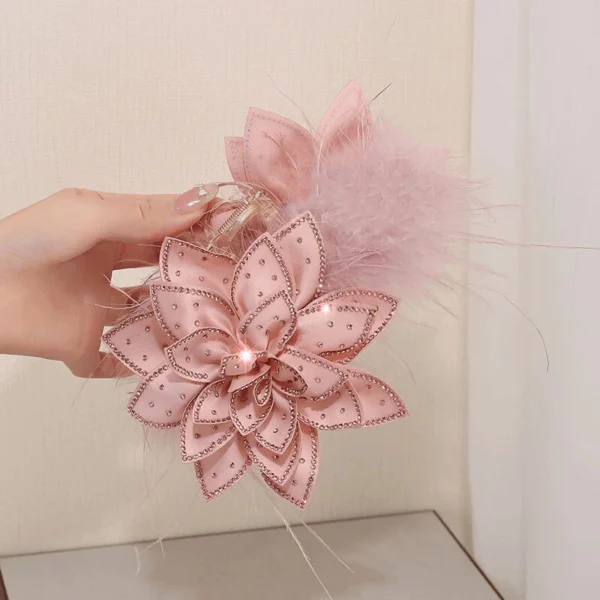 Brocade Autumn Winter New Style Flash Diamond Flower Shark Clip Super Fairy Feather Clip Back Head Princess Hair Clip