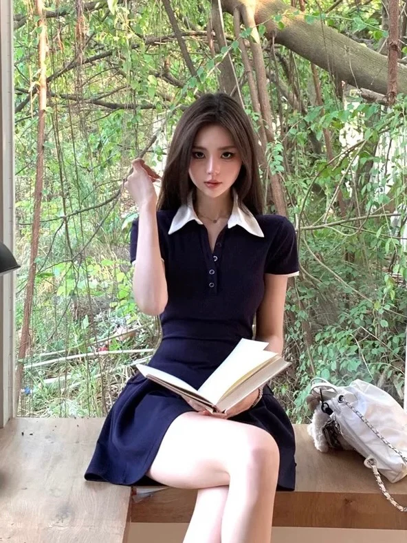 White Collar Navy Mini Dress (Free Size)